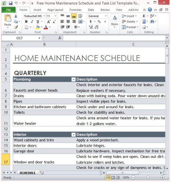 Free Home Maintenance Schedule And Task List Template For Excel 