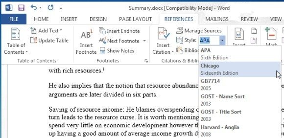 how to insert a citation for a list in word