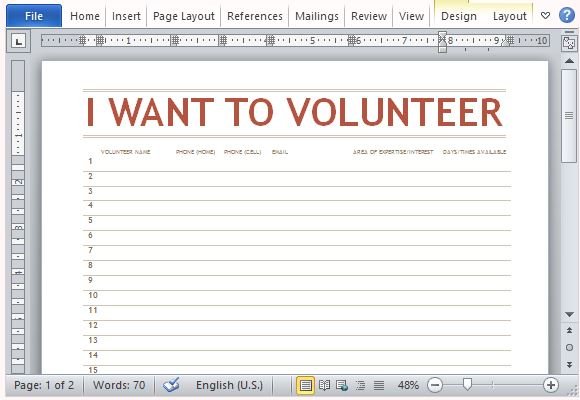 volunteer sign up sheet template editable